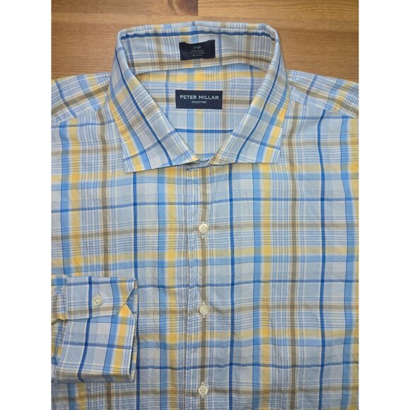 Peter Millar Mens Blue Plaid Dress Shirt Large - Picture 4 of 6